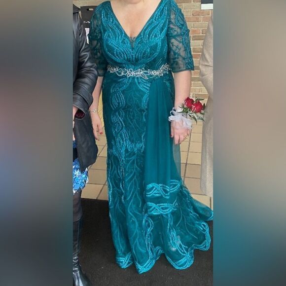 Montage by Mon Cheri Emerald Green Full Length Gown with Custom Sash